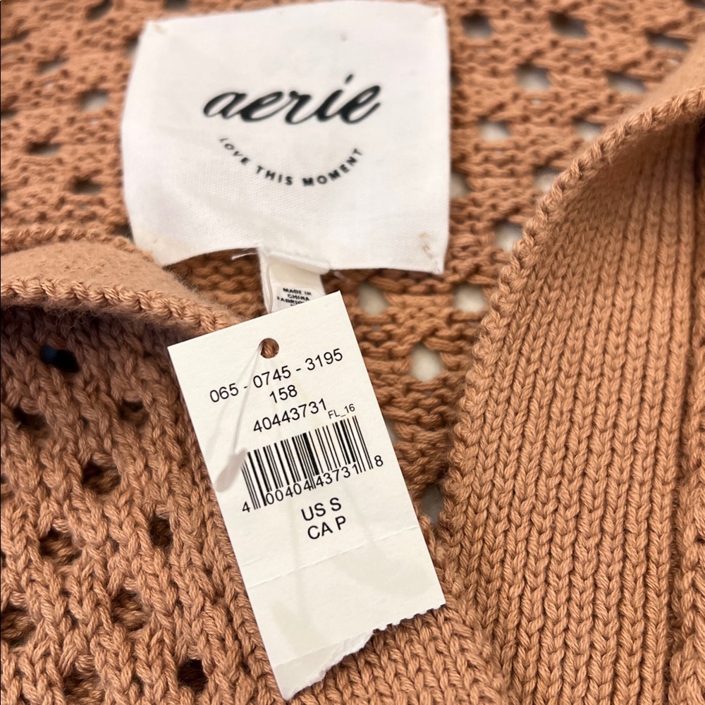 Aerie NWT Oversized Open Knit Polo‎ Sweater in Tan 100% Cotton Size Small - Picture 5 of 9